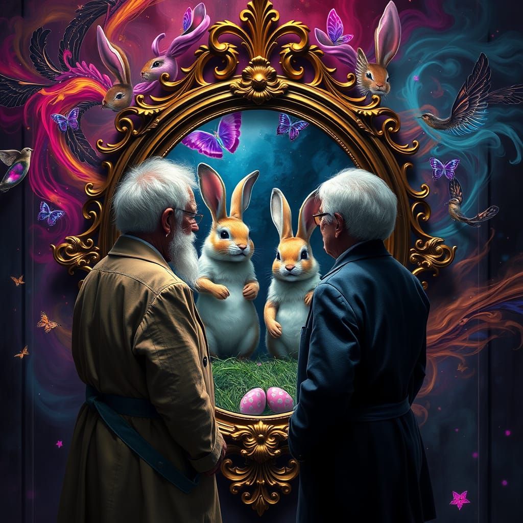 Elderly Couple Gaze into Mystical Mirror, Surrounded by Vibr...