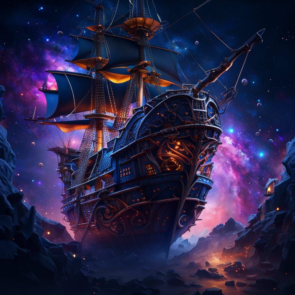 Pirate Ship Soaring Through Starry Galaxy
