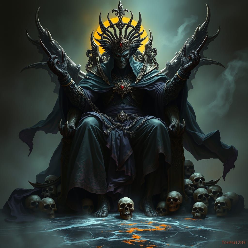 Dark Fantasy Deity in Majestic, Shadowy Regalia, Seated on a...