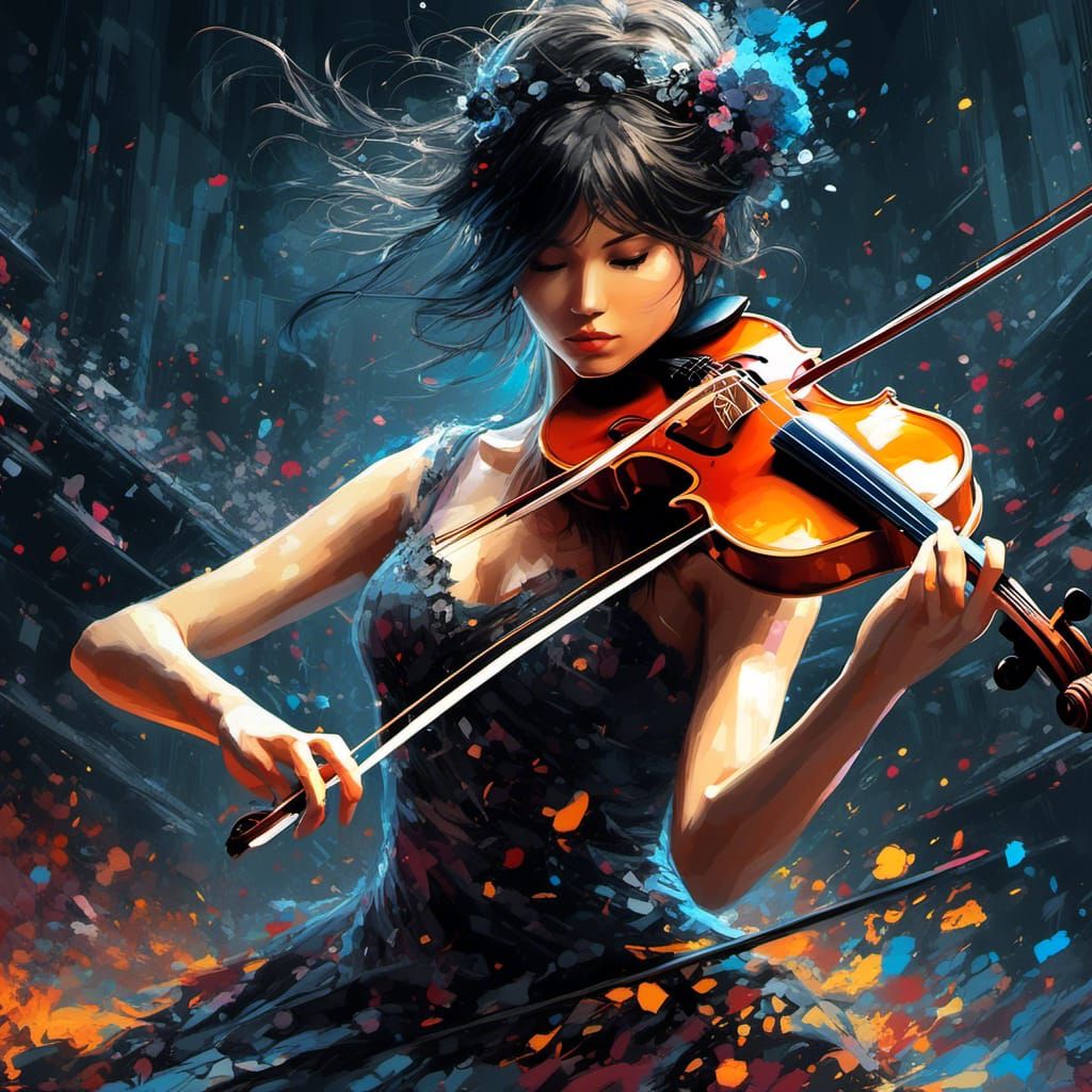 Musician Plays Violin in Vibrant Anime Painting