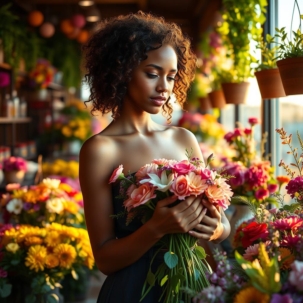 Hyperrealistic Flower Shop Scene with Gentle Bouquet Creatio...