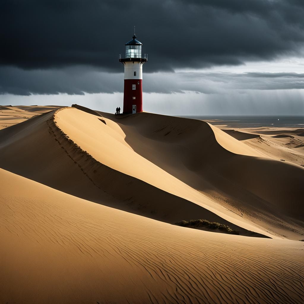 Lighthouse on Shifting Dune in Storm, Comic Book Style