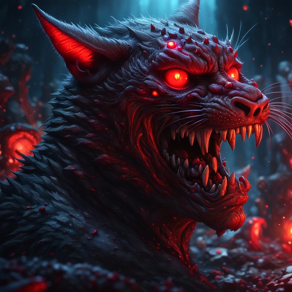 Sinister Demon Cat Snarling with Glowing Eyes