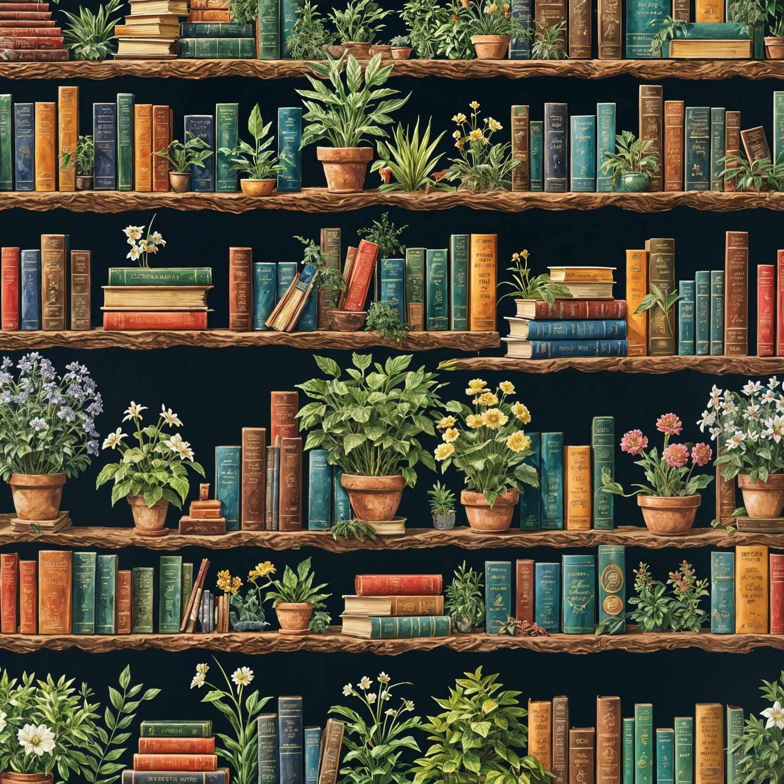 Overgrown Alchemist Library with Books and Flowers