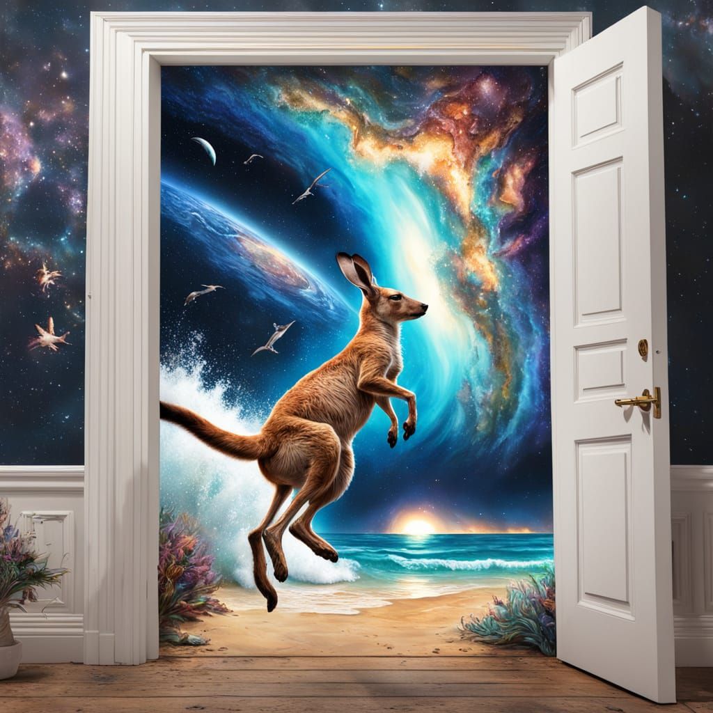 Hyperrealistic Kangaroo Portal to Milky Way and Seaside