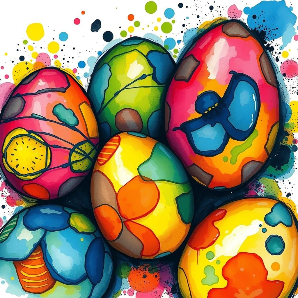 Vibrant Bird Eggs in Expressive Watercolors with Neon Colors...