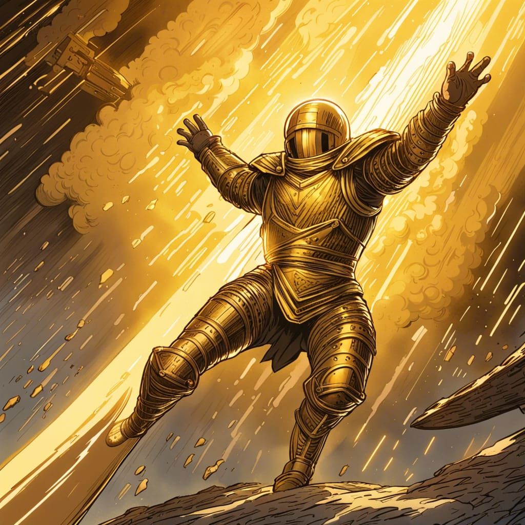 Golden Knight Falling in Comic Book Style
