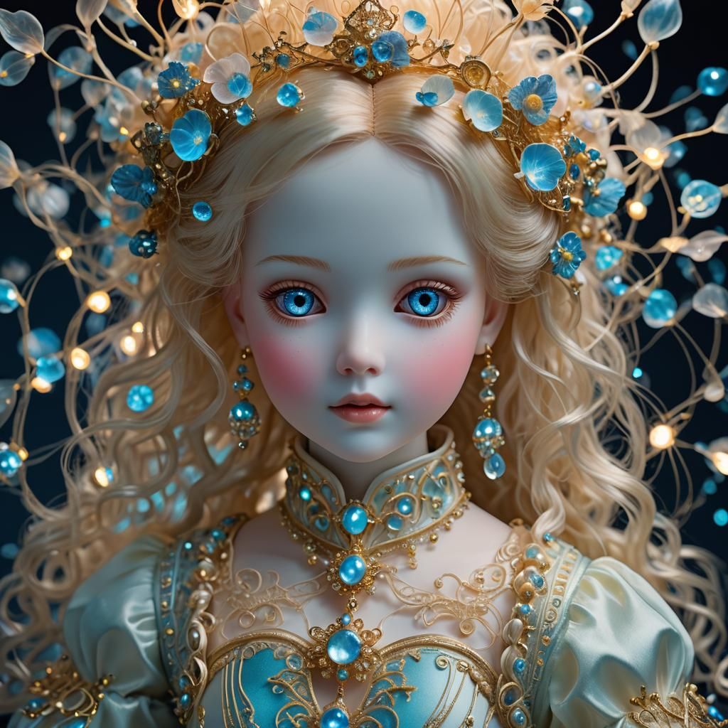 Luminous Porcelain Doll with Bioluminescent Details