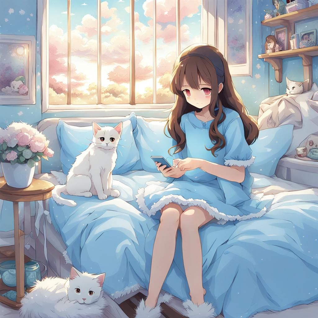 Teenage Girl with Cat in Anime Key Visual Style