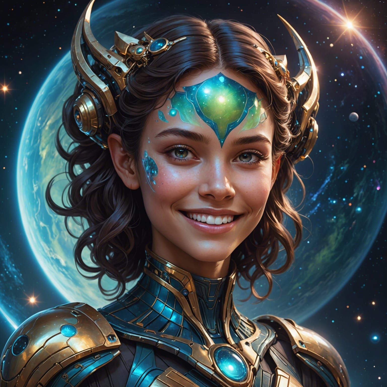 An incredibly beautiful young Alien human type girl with a great cosmic smile.  relating to the cosmos, the extraterrest...