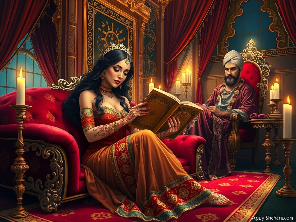 Scheherazade Enchants the Sultan in an Arabian Nights Palace