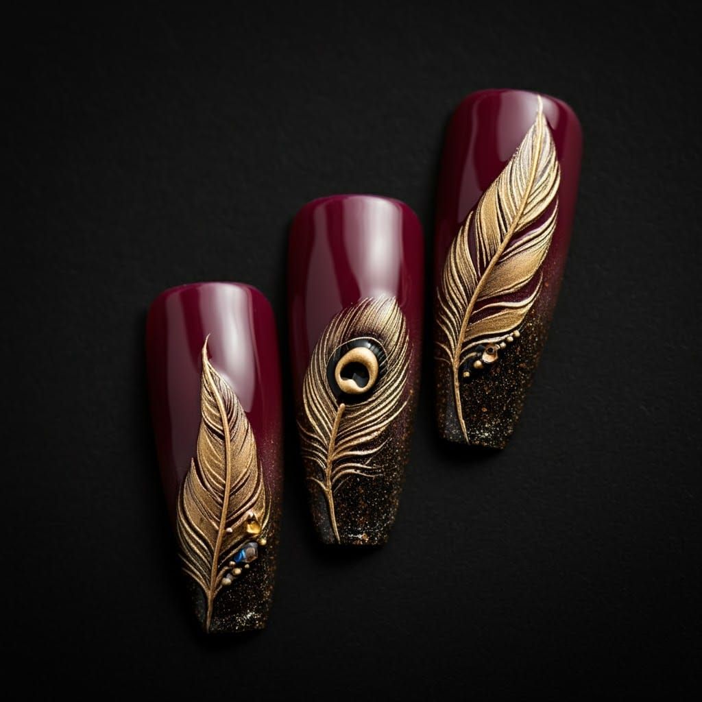 Feather Nail Art in Klimt-Inspired Style