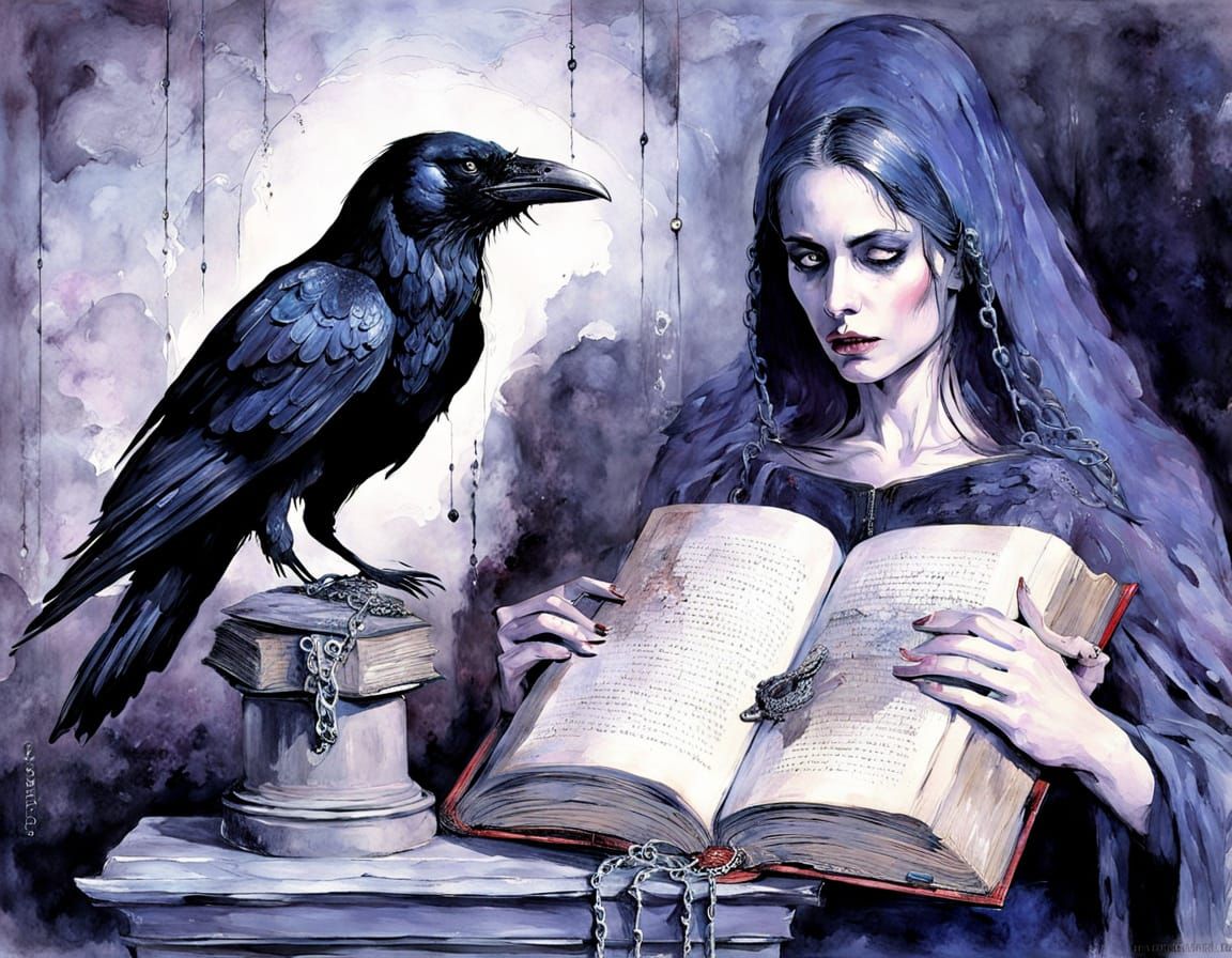 Morrigan Reading Forbidden Book in Sinister Horror Scene