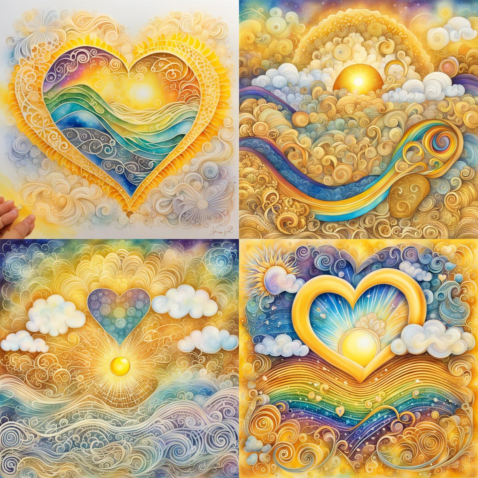 Golden Heart with Rainbow Auras and Crystals