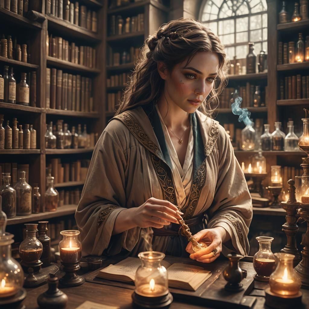 Alchemist Crafting Potions in a Magical Apothecary