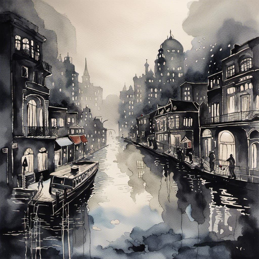 Intricate Noir Scene in Delicate Watercolor