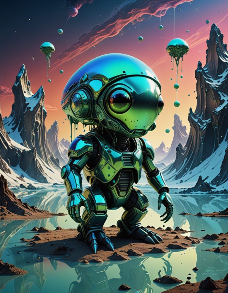 Alien Pet Observes Fridge in a Dreamlike Scene