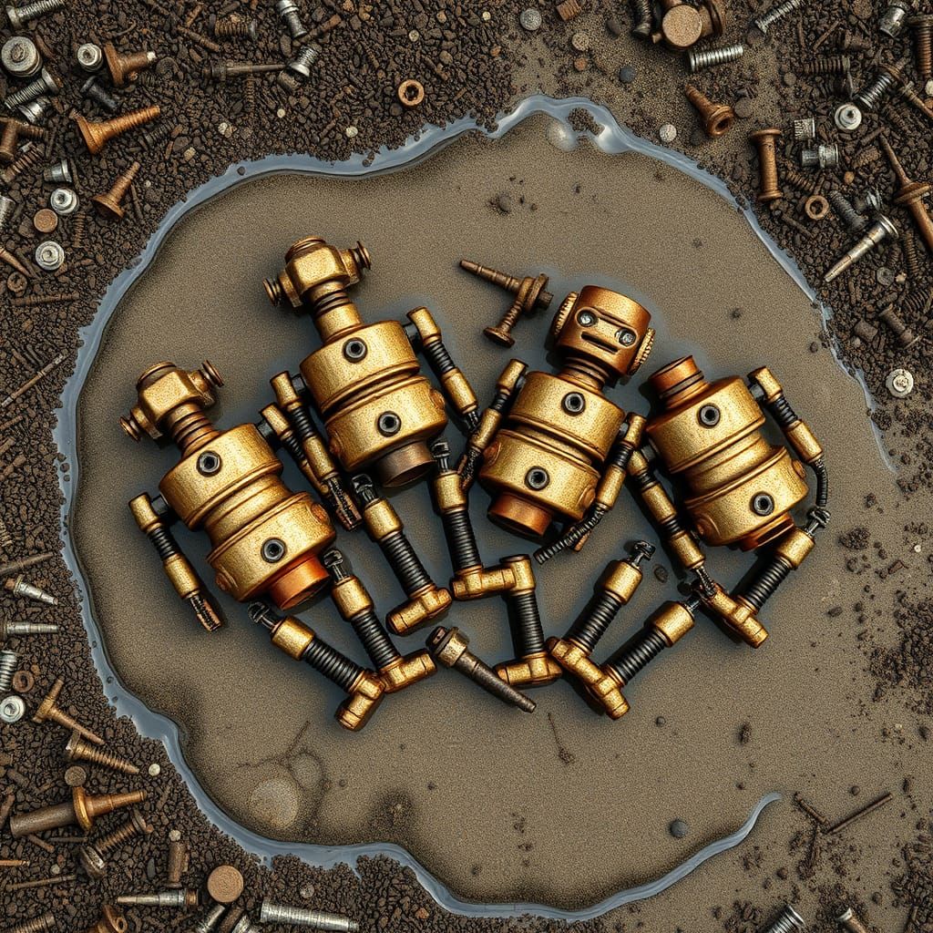Rusty Steampunk Robots Sunbathing on Beach, Top View