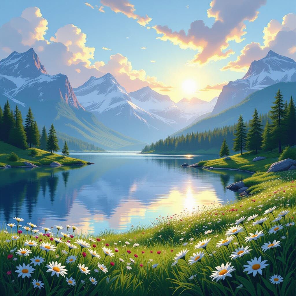 Majestic Alpine Lake with Fir Trees and Tranquil Sky