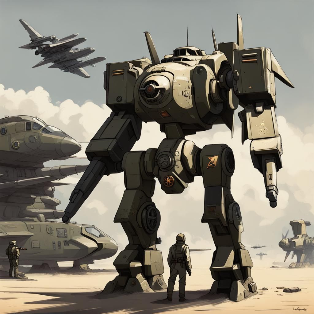 Dieselpunk Mech with Military Aircraft