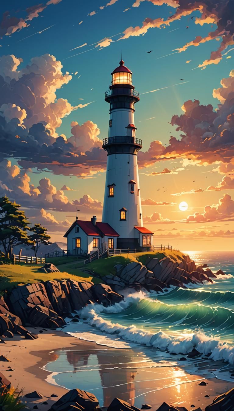 Beautiful Lighthouse Seascape in Sketch Illustration Style