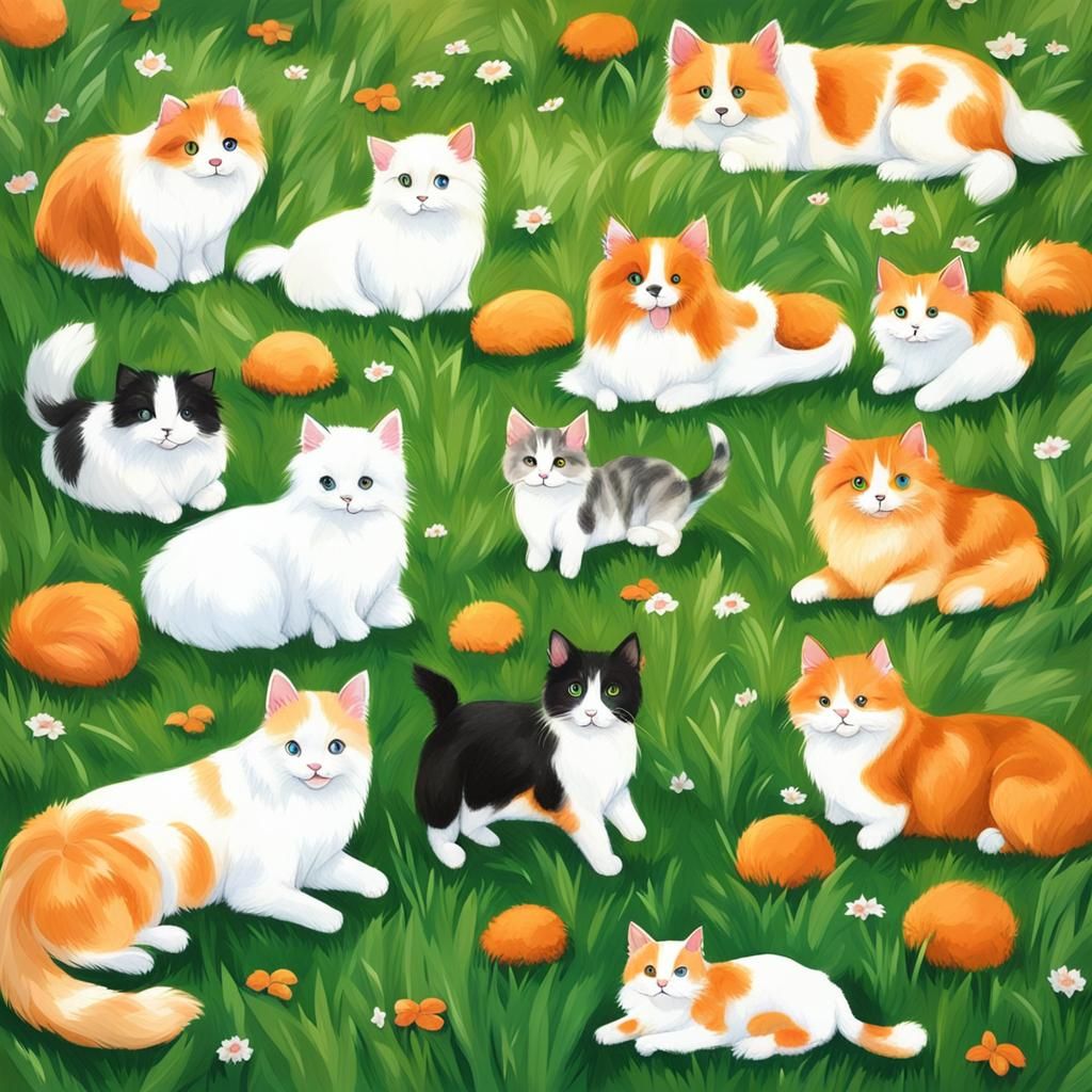 Cute Cats and Fluffy Dogs on Green Grass