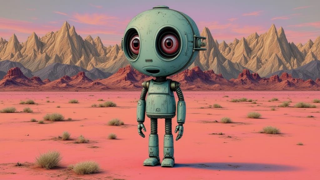 Android Robot Apology in Surreal Landscape