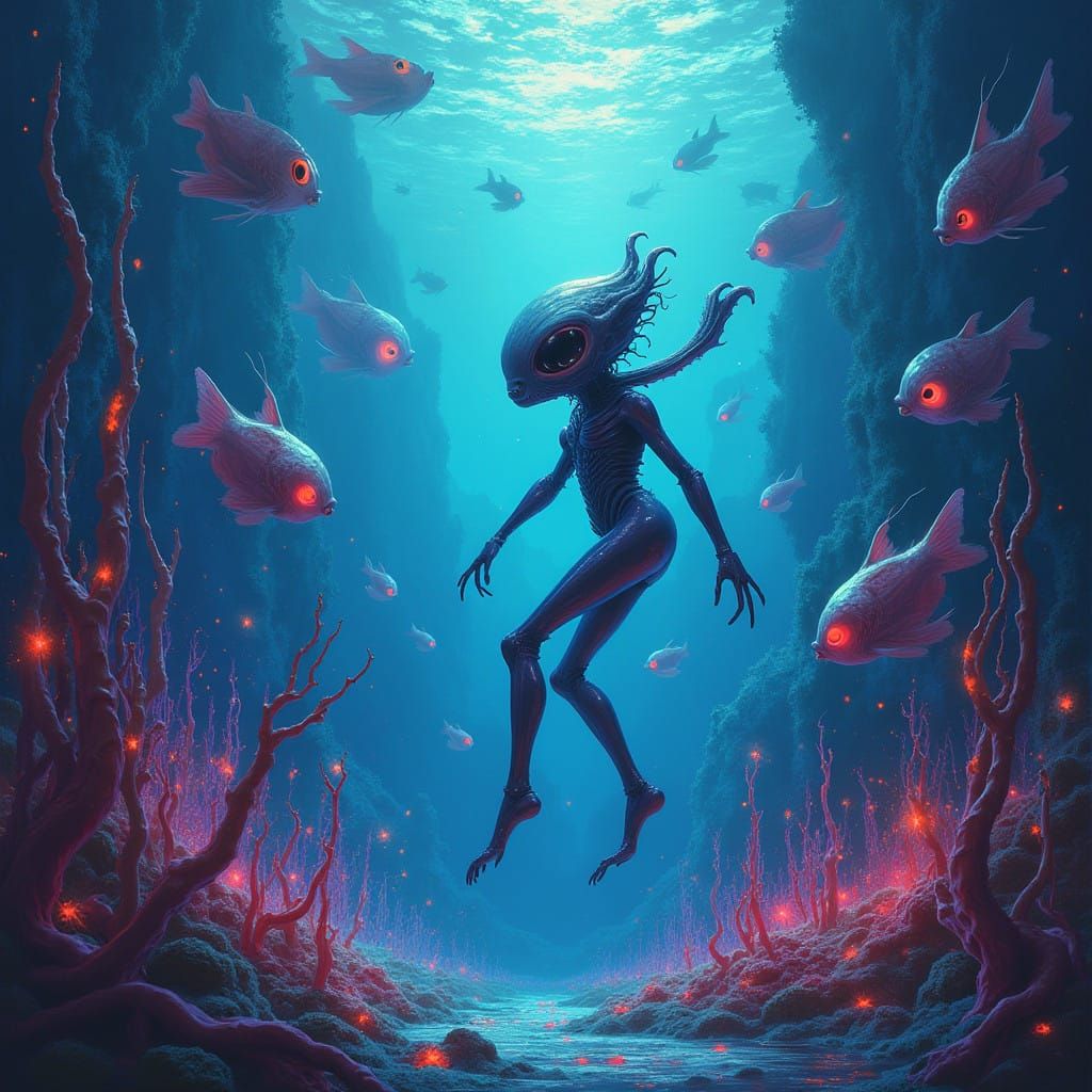 Otherworldly Alien Descends into Bioluminescent Seascape