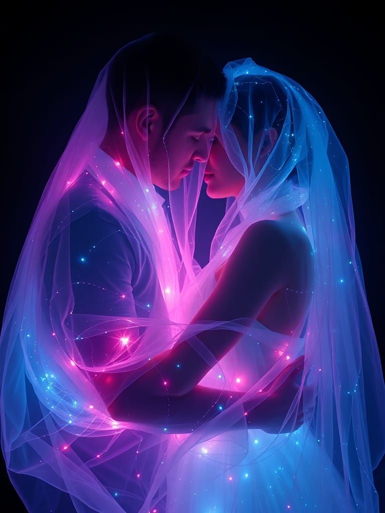 Ethereal Couple's Bioluminescent Embrace in Neon Light