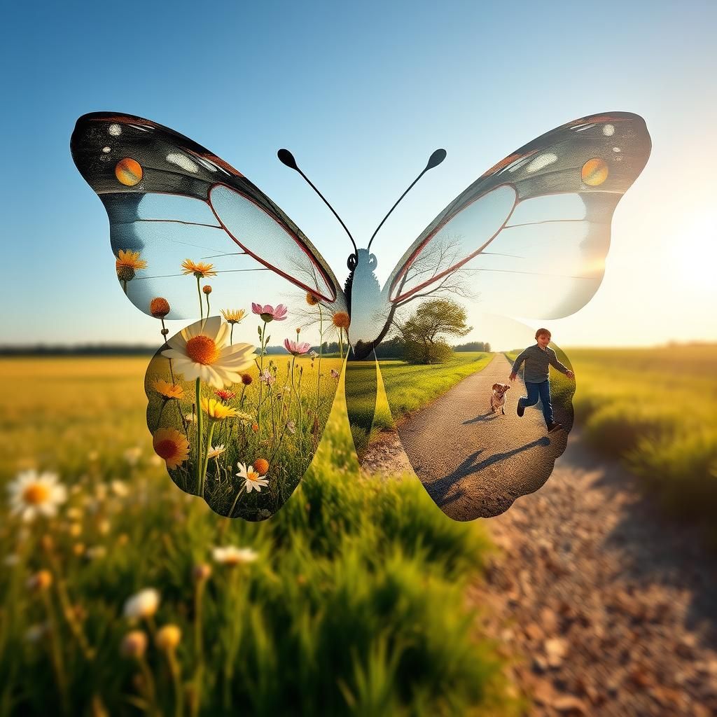 Double Exposure Butterfly with Floral Field and Sunny Path