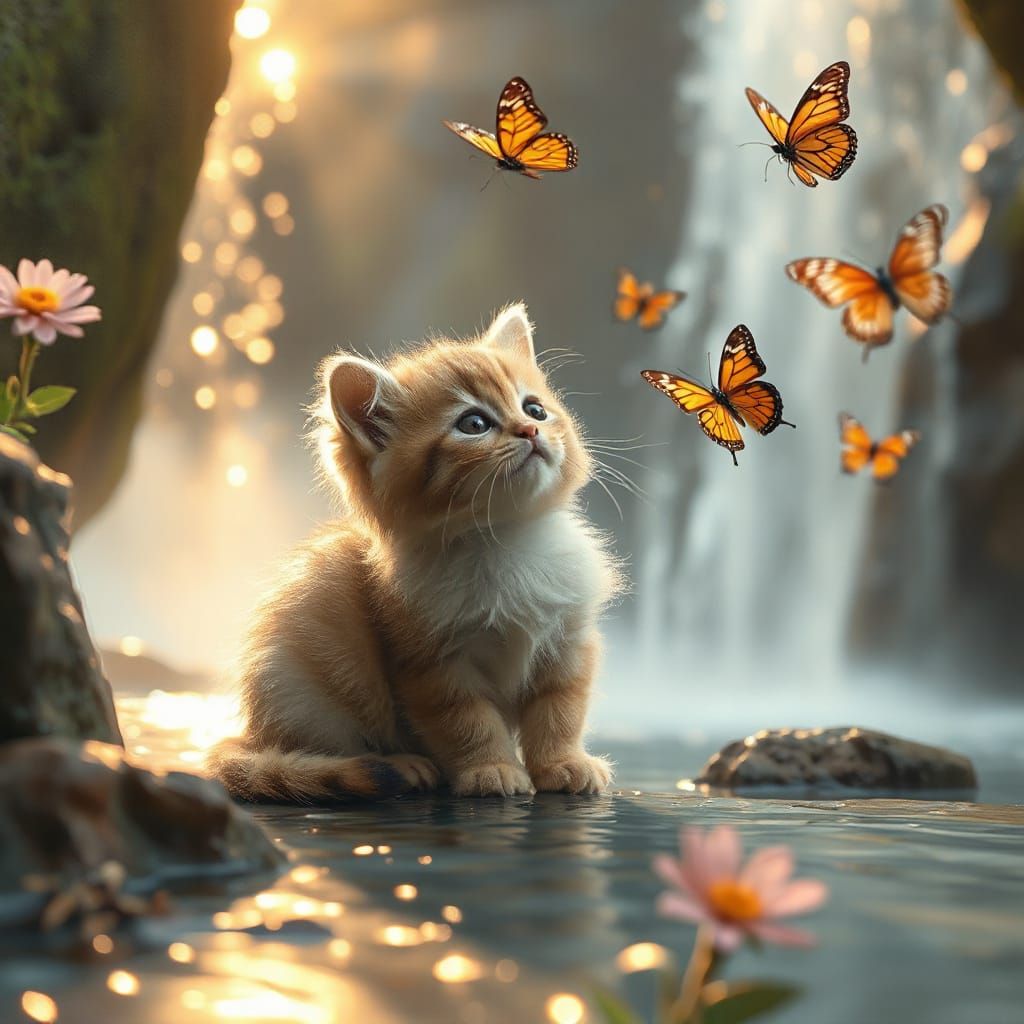 Kitten and Butterflies at Waterfall in Dreamy Fantasy Style