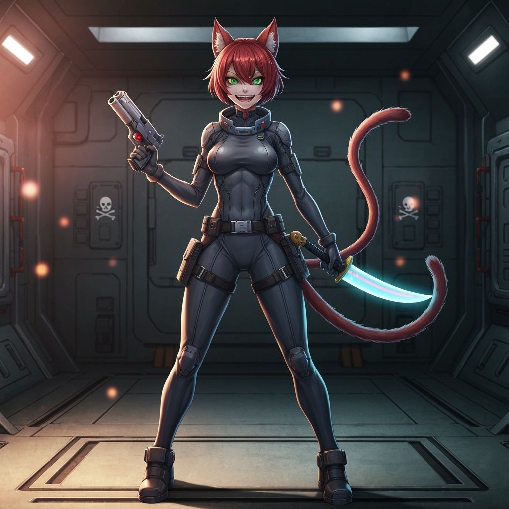 Anime-Style Space Pirate Akane in Gritty Airlock