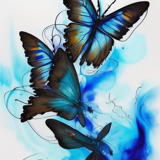 Intricate Blue Butterflies in Gouache Style