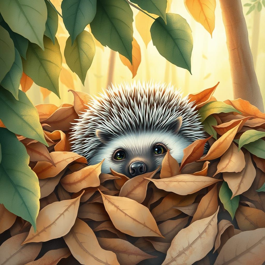 Wise Hedgehog in Golden Hour Forest, Watercolor Style