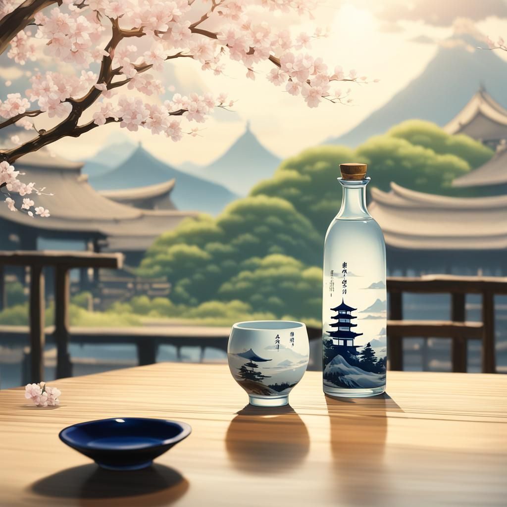 Japanese Sake Bottle in Studio Ghibli Style