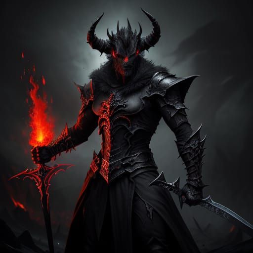 Demon Wielding Flaming Dual Swords in Dark Fantasy Art