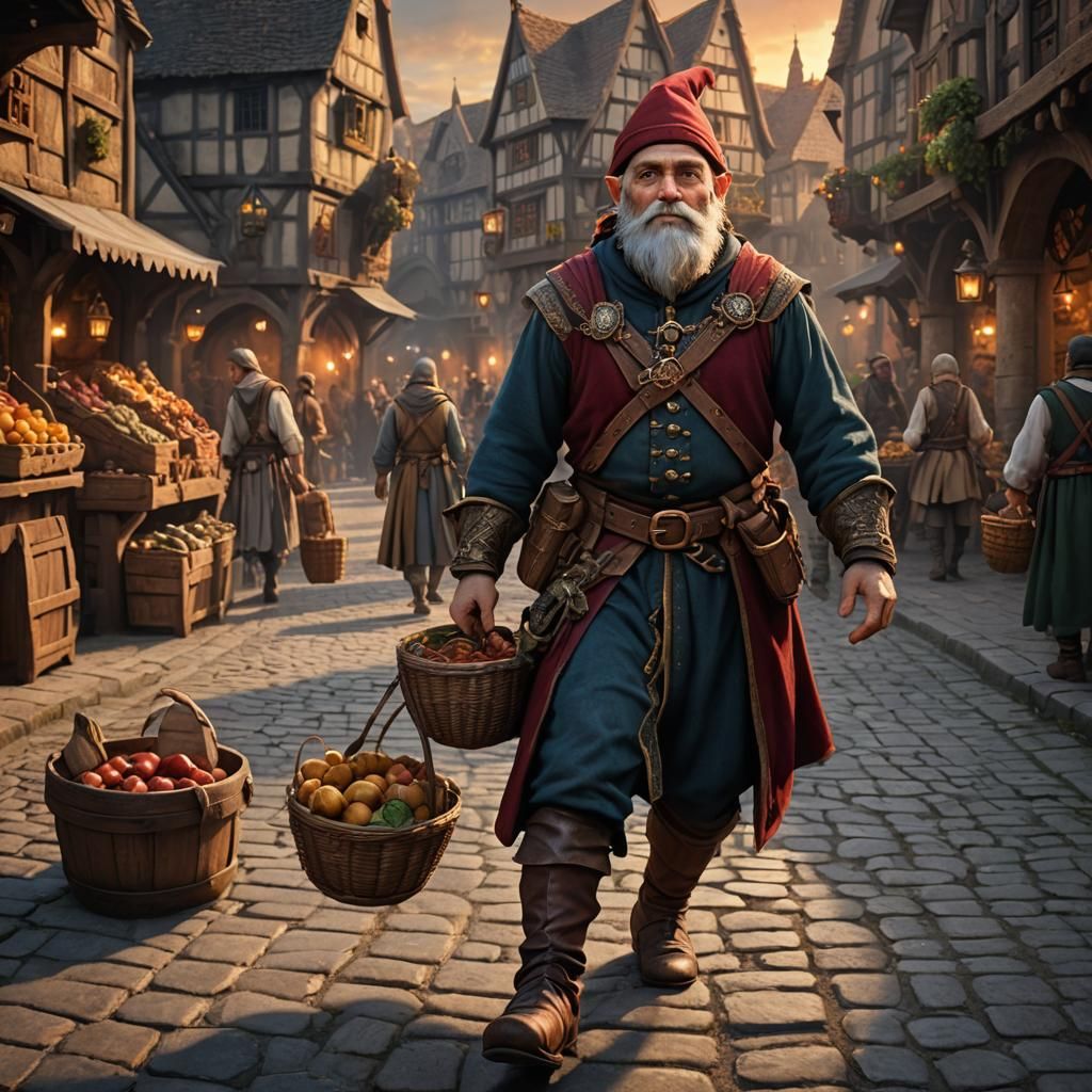 Gnome Shakespearean Actor in Medieval Market, 8K