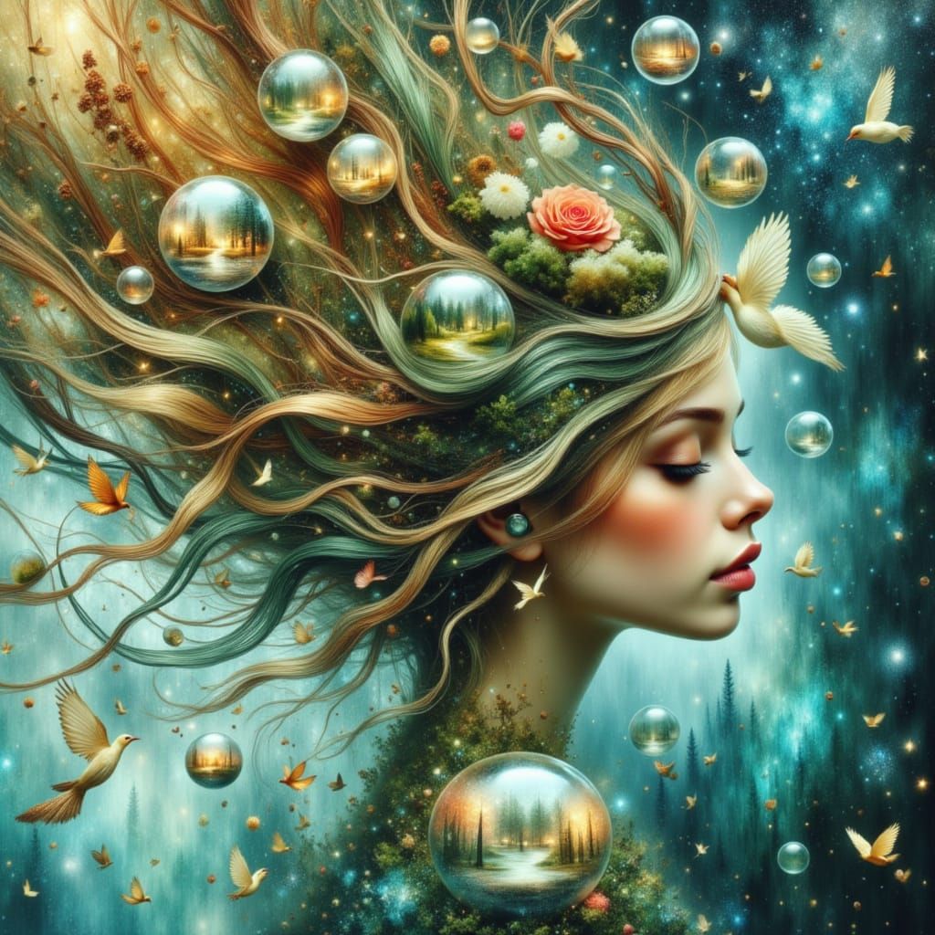 Woman With Glass Hair and Bubble Landscapes