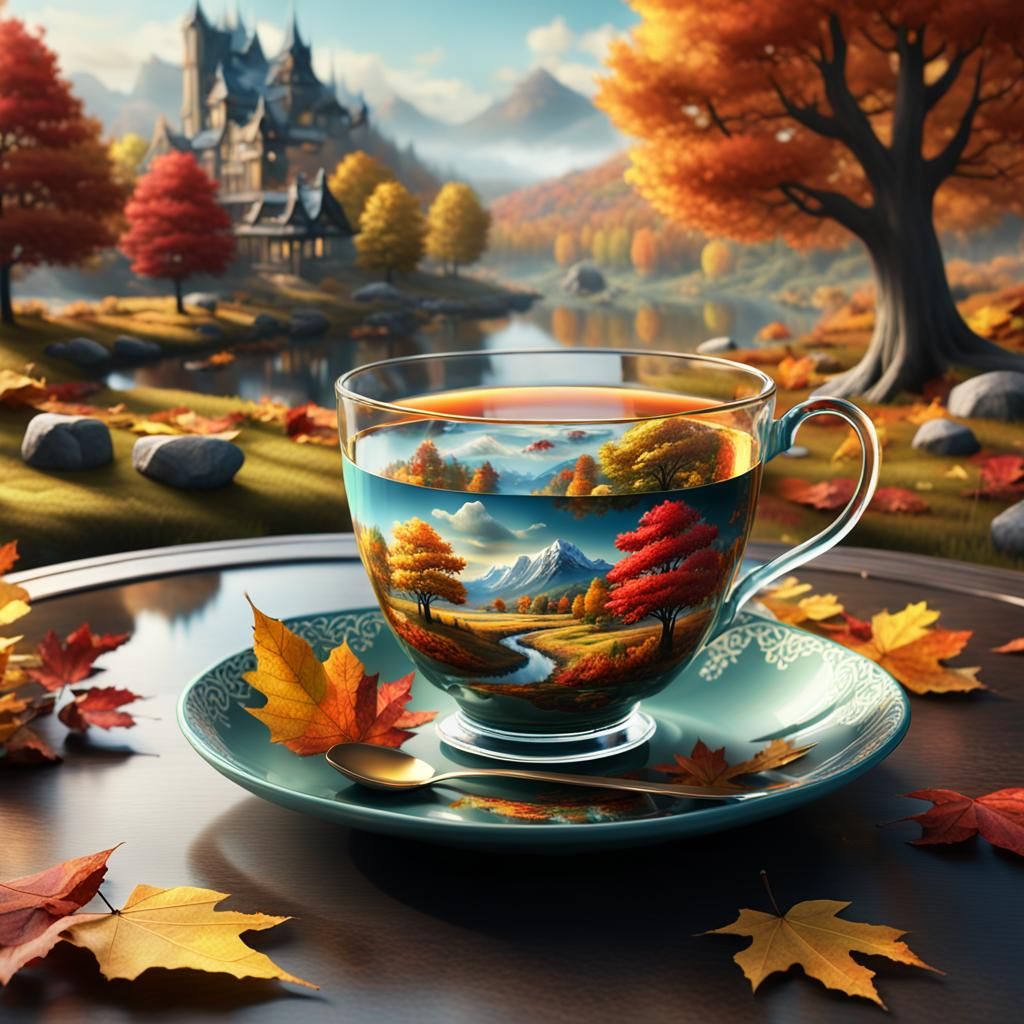 Autumn Landscape Teacup: Detailed Matte Painting