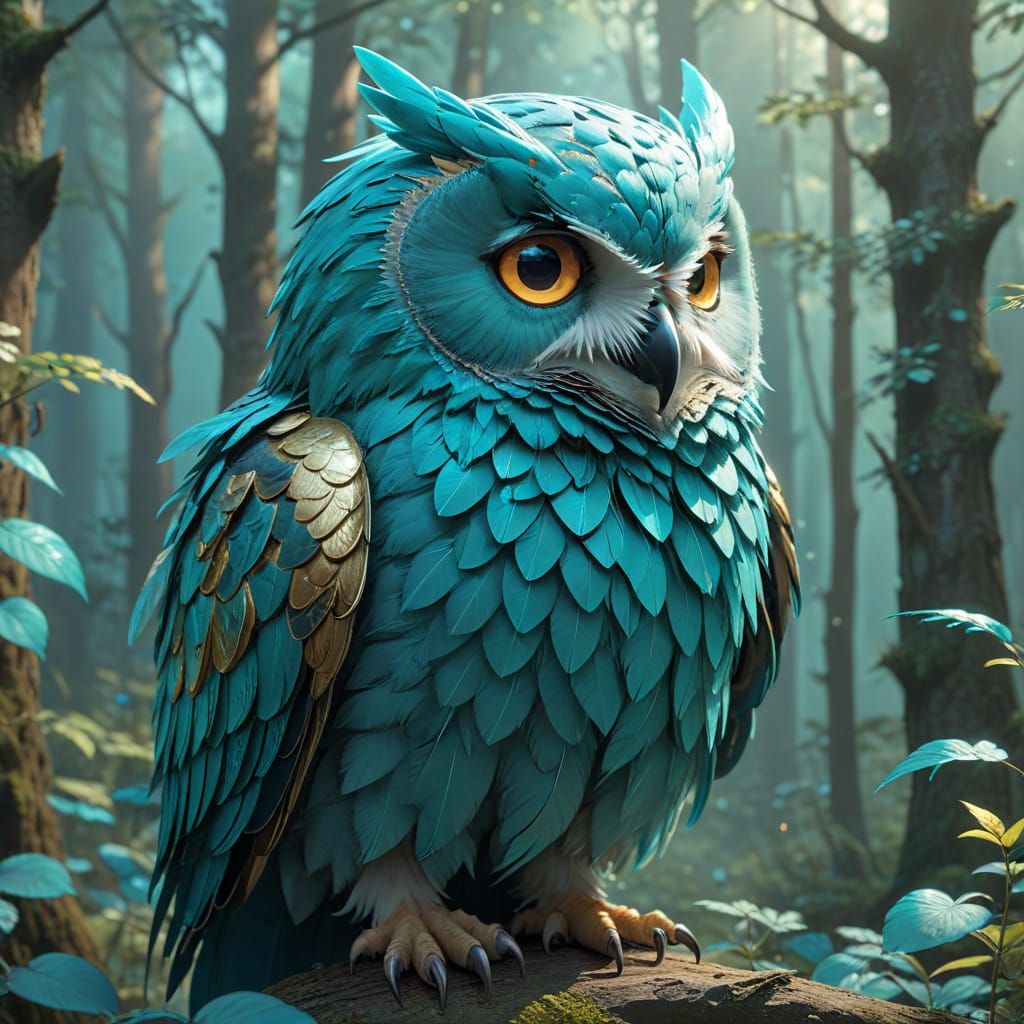 Turquoise Owl in Misty Forest: 3D Anime Art