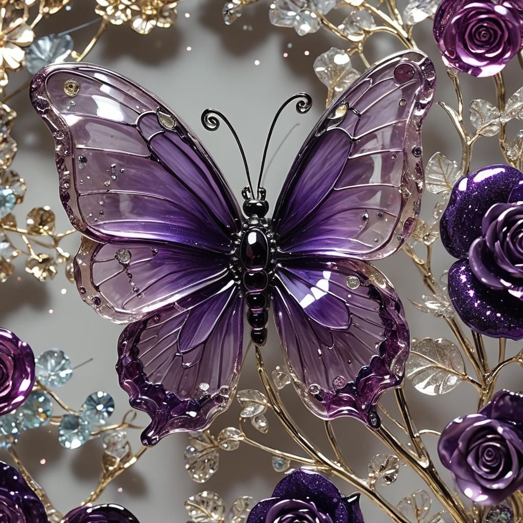 Purple Crystal Butterfly on Rose: Glass Art