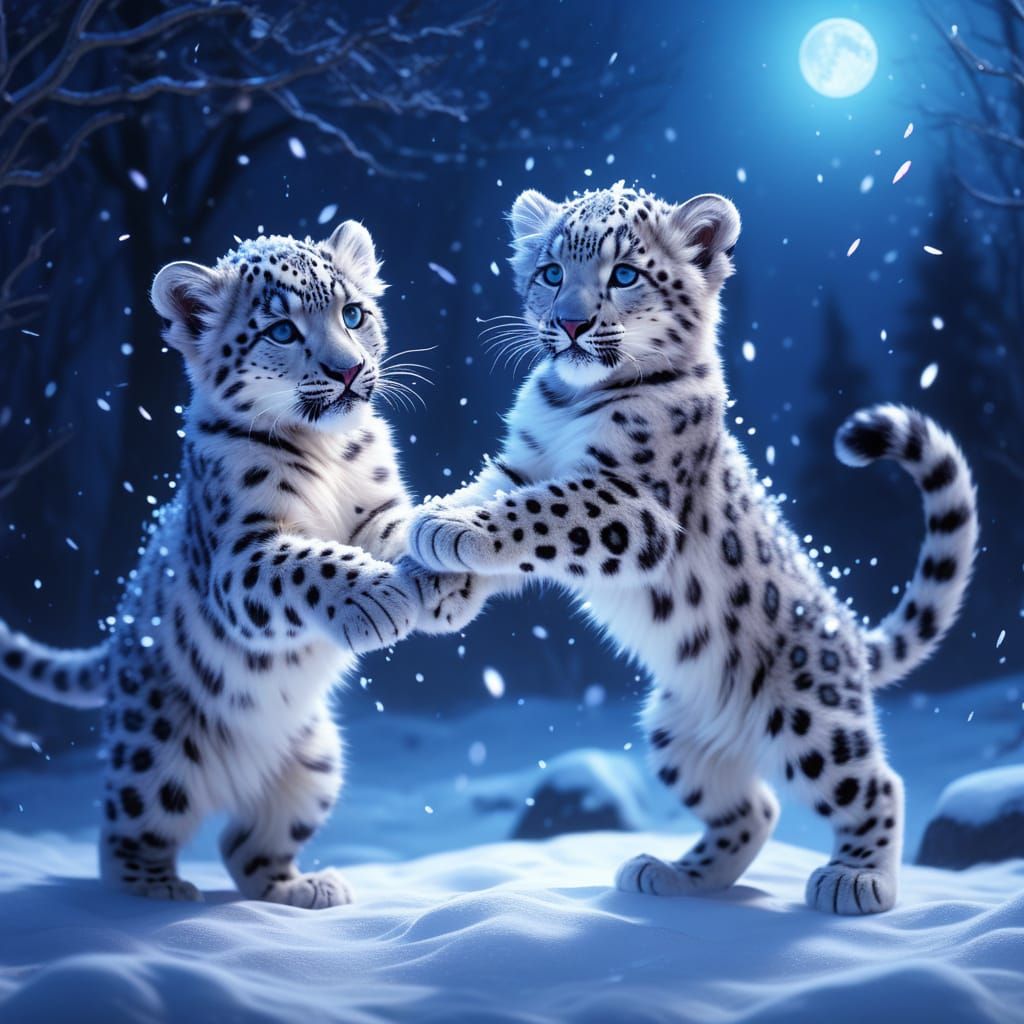 Snow Leopard Cubs Leap in Ethereal Moonlight
