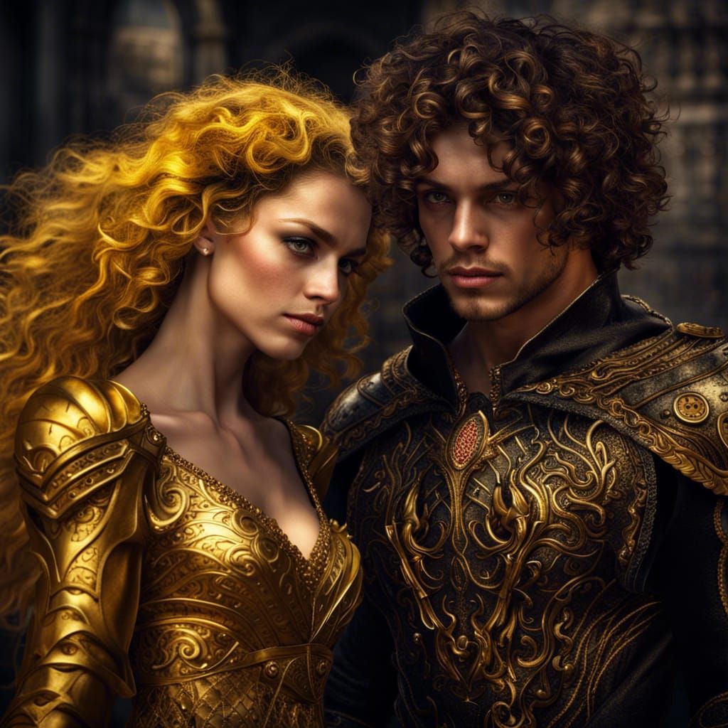 Romantic Dark Fantasy: Golden Armored Warrior and Horned Que...