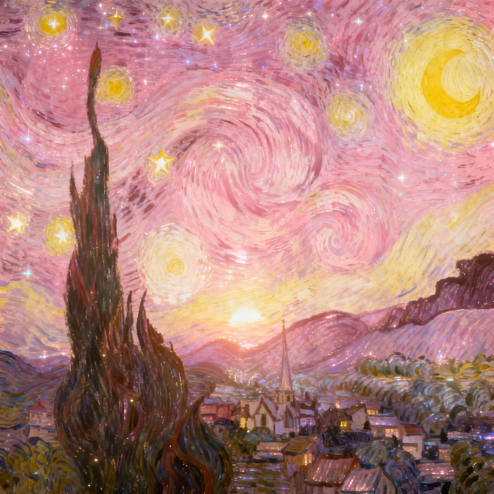 Van Gogh's Starry Night Reimagined as a Pink and Yellow Dawn