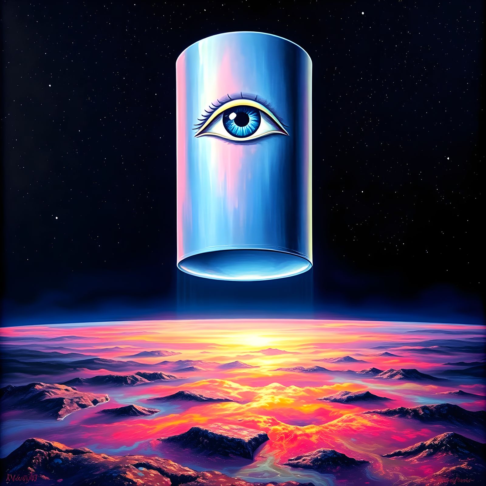 Floating Cylinder with Eye in Black Light Surrealism