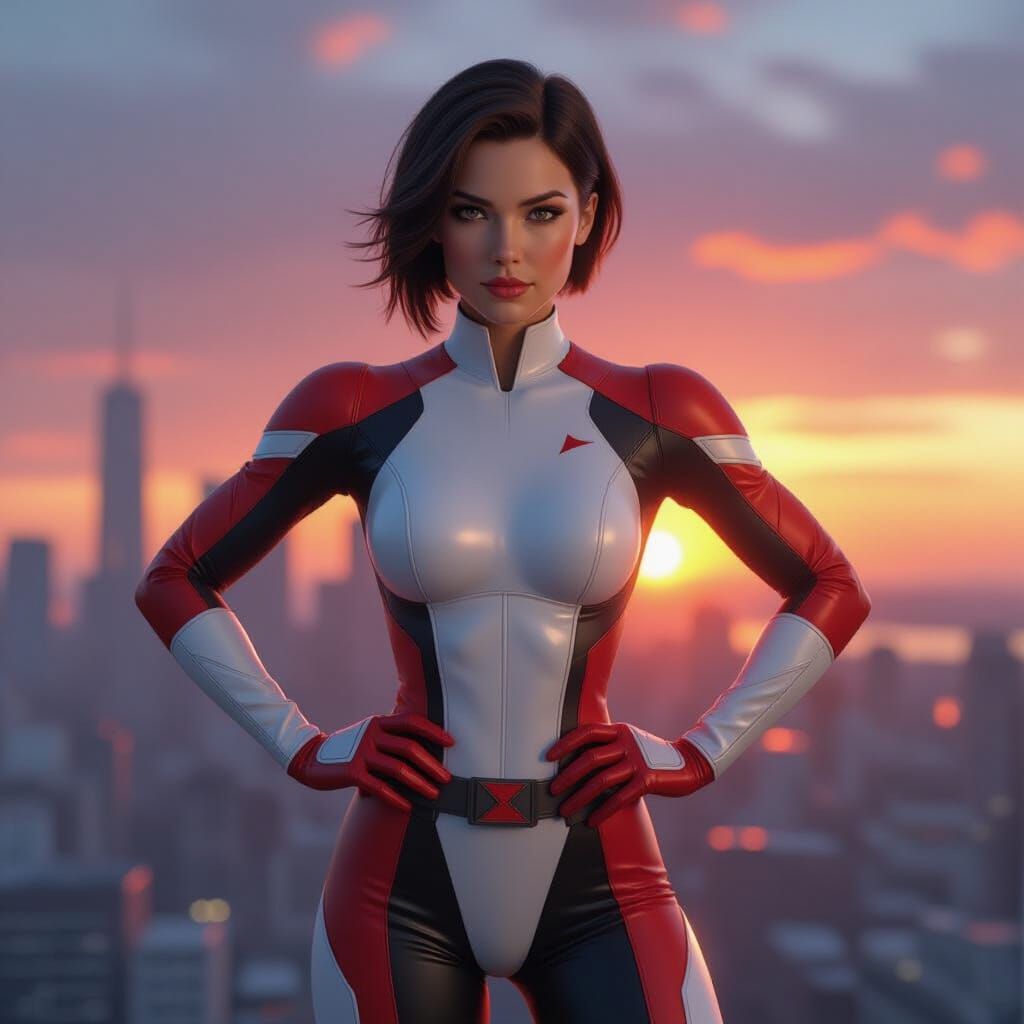 Female Superhero in Sleek Costume at Sunset