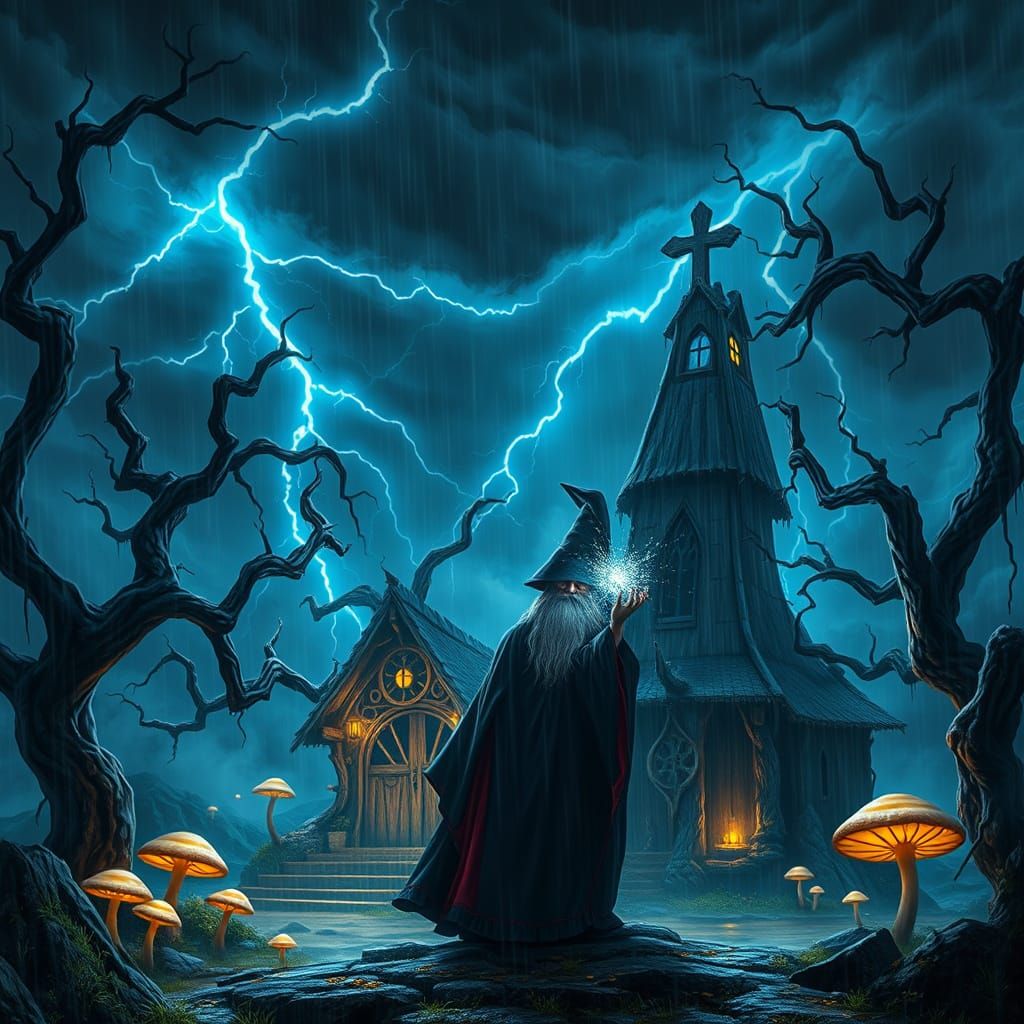 Wizard Conjures Stormy Magic in Mysterious Landscape