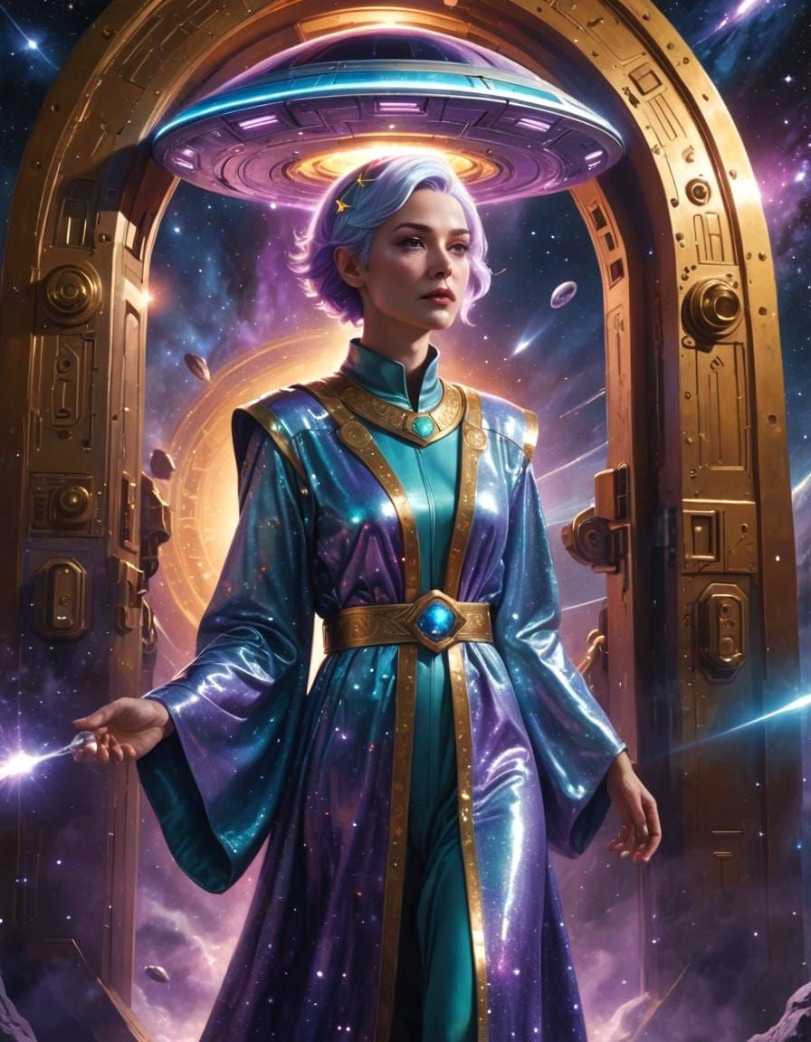 Pleiadian Woman entering the gate of UFO spaceship