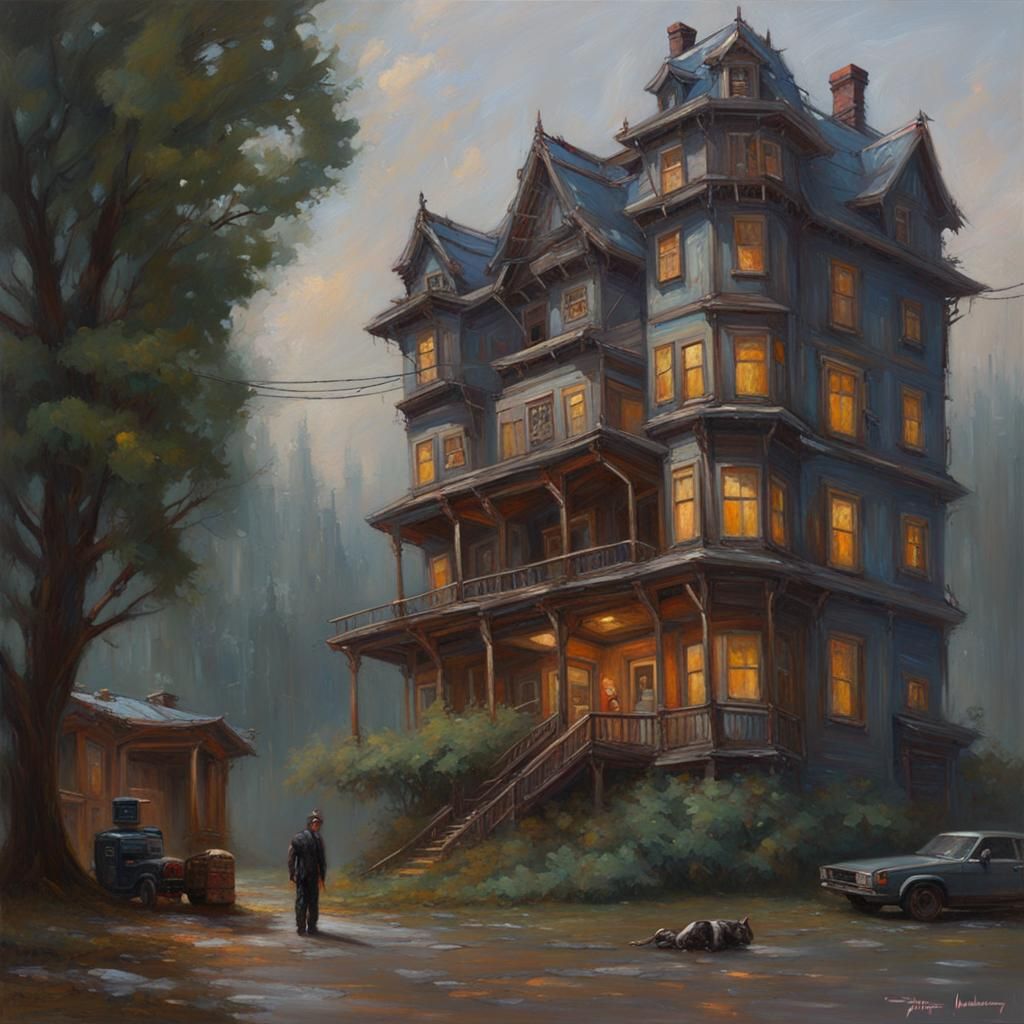 Cyberpunk Manor House as Oil Painting
