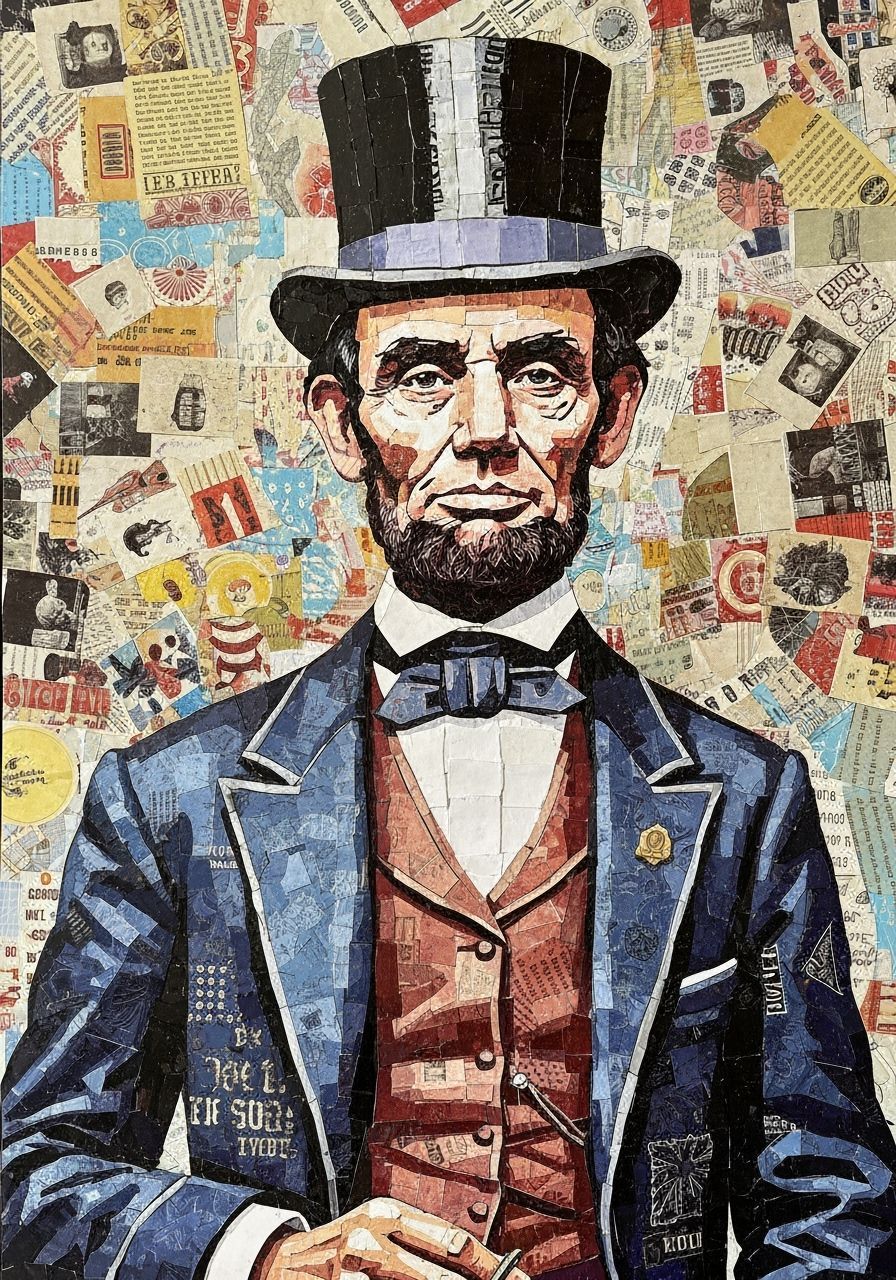 Abraham Lincoln Paper Mosaic in Vibrant Paper Quilting Style